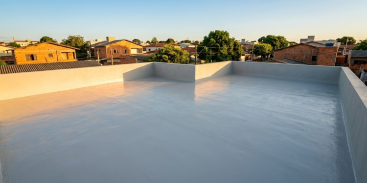 Laje residencial perfeitamente impermeabilizada sob a luz do pôr do sol