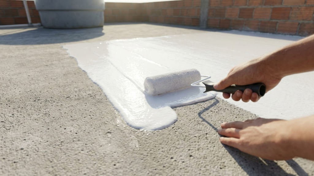 Ponto de vista da aplicação de resina acrílica branca sobre a laje