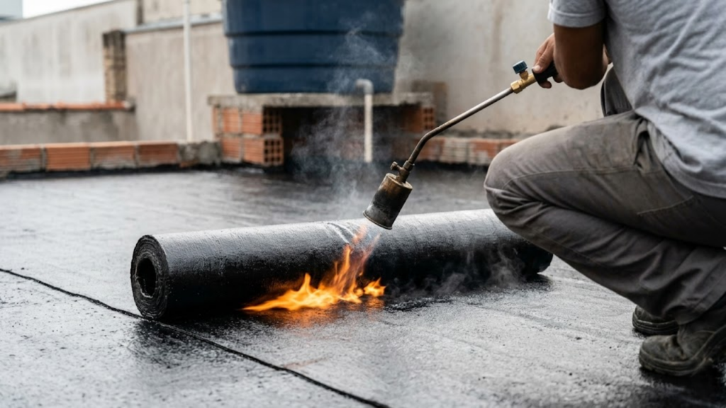 Profissional aplicando manta asfáltica com maçarico em laje residencial