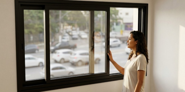 Janela de alumínio moderna isolando o barulho da rua com elegância