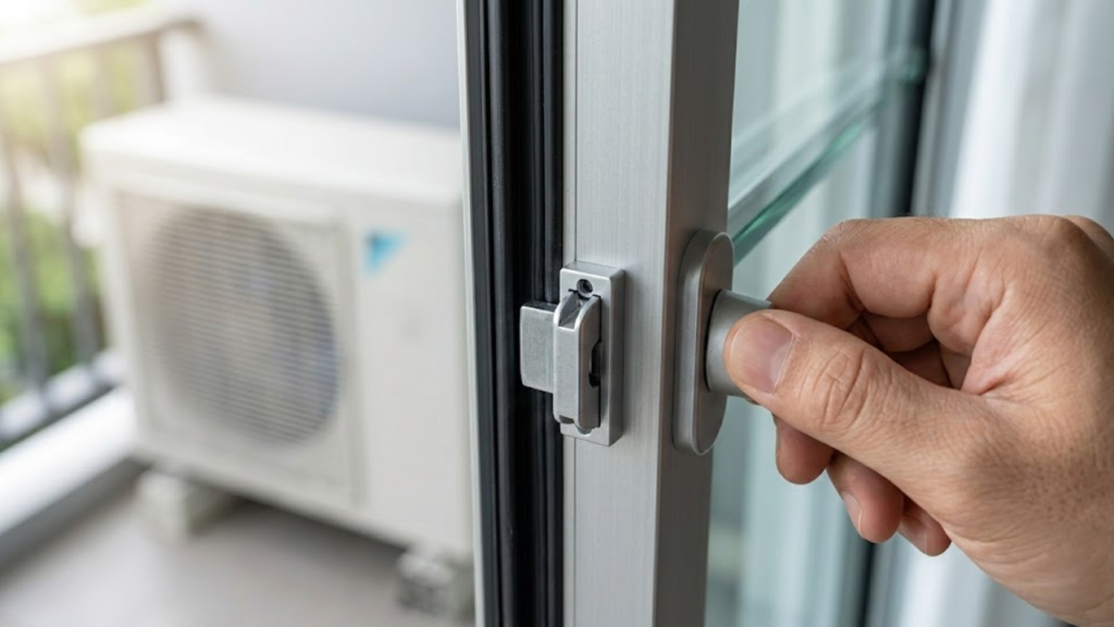 Detalhe do fechamento e vedação térmica de uma esquadria de alumínio