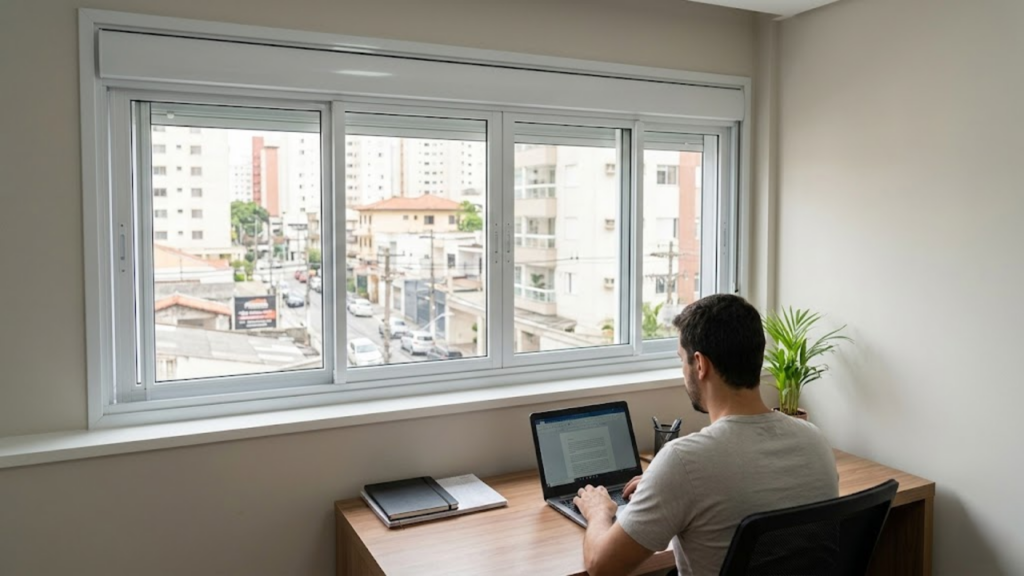 Silêncio absoluto no home office graças às janelas antirruído