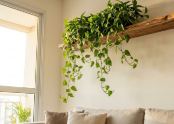 Prateleira alta com planta jiboia caindo em sala aconchegante