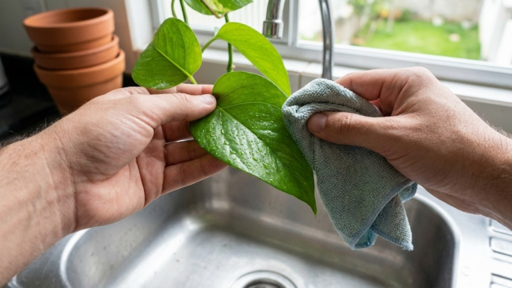 Mãos limpando folha de jiboia na pia da cozinha com luz natural