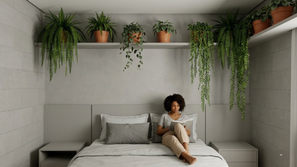 Quarto pequeno com prateleira alta e plantas pendentes sobre a cama