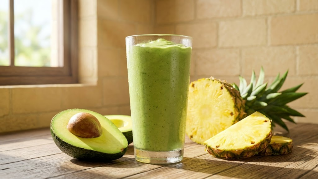 Vitamina cremosa de abacate e abacaxi sob a luz vibrante da manhã