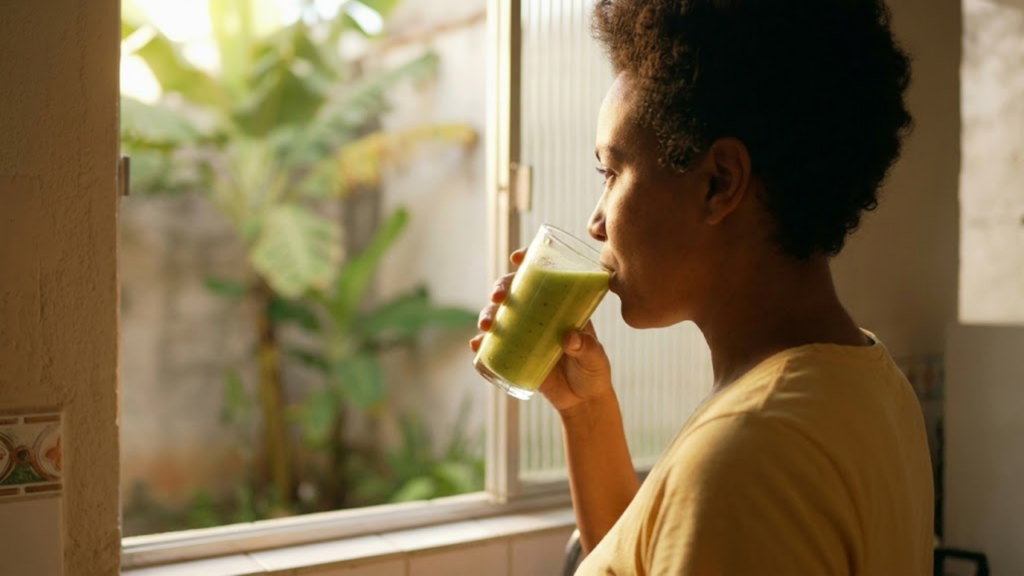 Pessoa sentindo-se renovada ao beber a vitamina em uma manhã ensolarada