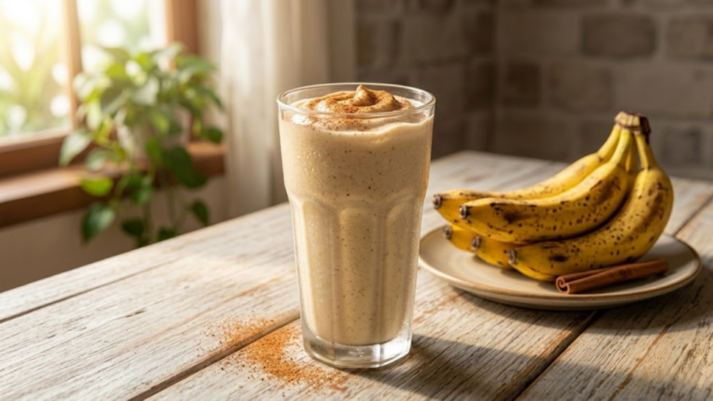 Vitamina cremosa de banana polvilhada com canela em uma mesa de café