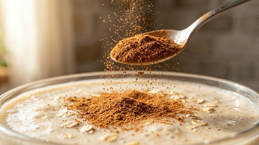 Close-up da canela em pó sendo polvilhada sobre a vitamina de banana
