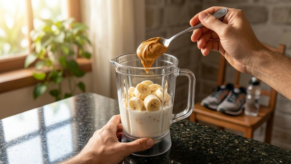 Preparo da vitamina com pasta de amendoim em uma cozinha brasileira real