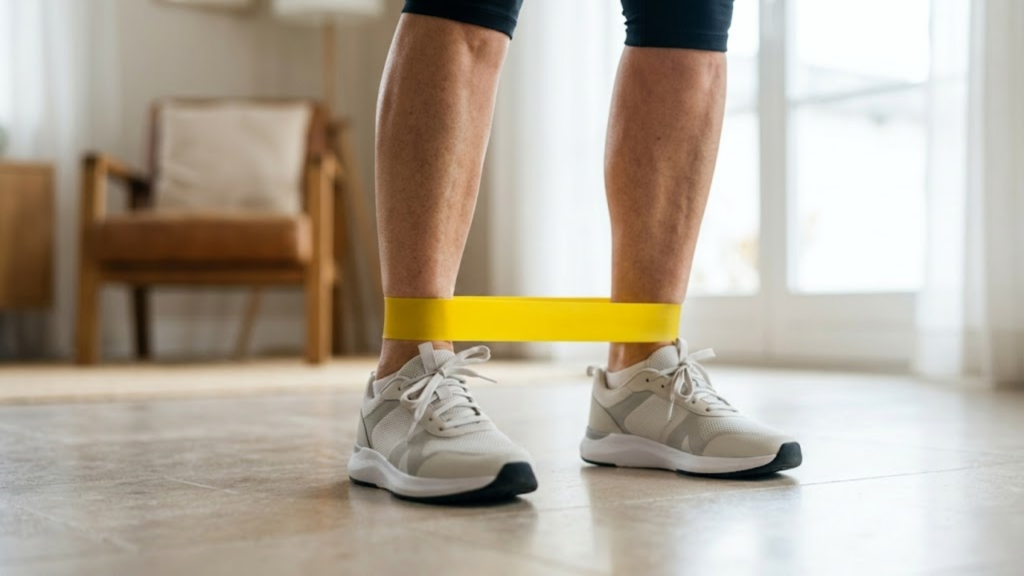 Detalhe de pernas de idosa usando faixa elástica para fortalecimento ósseo