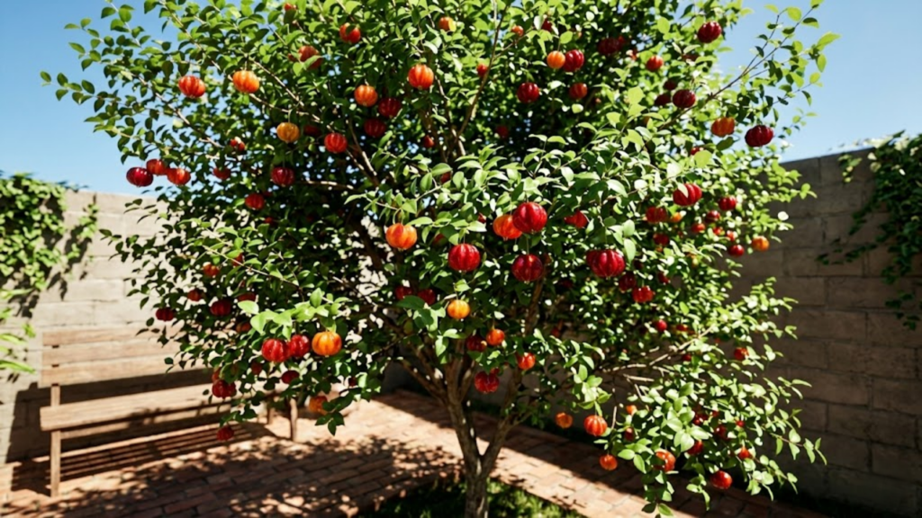 Pitangueira carregada de frutos vermelhos sob o sol da tarde no quintal