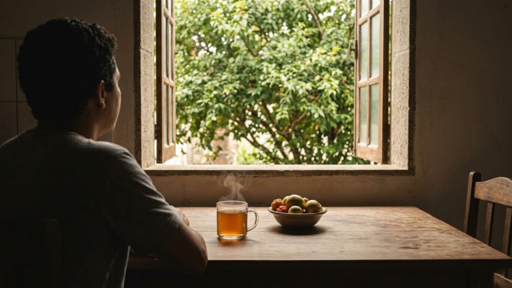 Xícara de chá fumegante com vista para a pitangueira pela janela