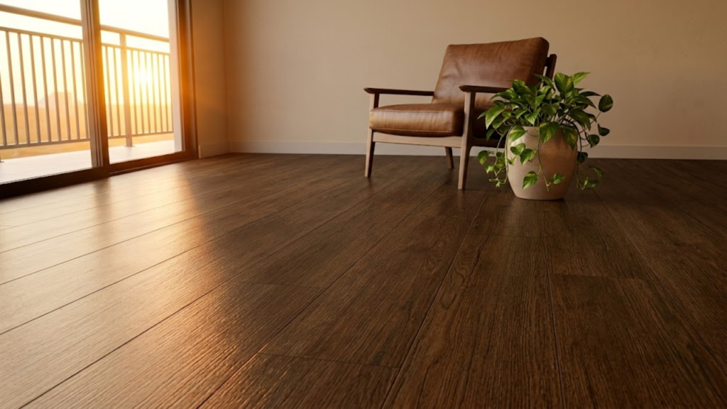 Piso de WPC amadeirado em sala luxuosa banhada pelo pôr do sol
