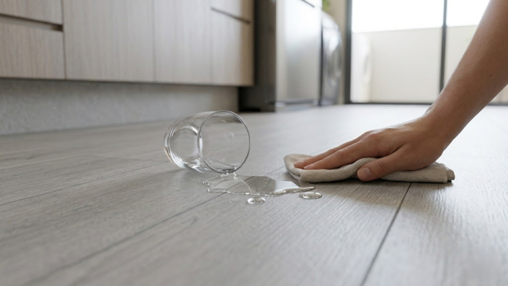 Água sobre o piso WPC demonstrando impermeabilização total