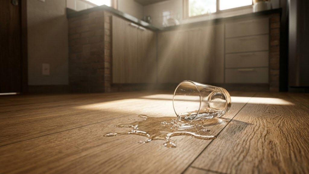 Copo caindo e água isolada sobre o piso SPC imitando madeira