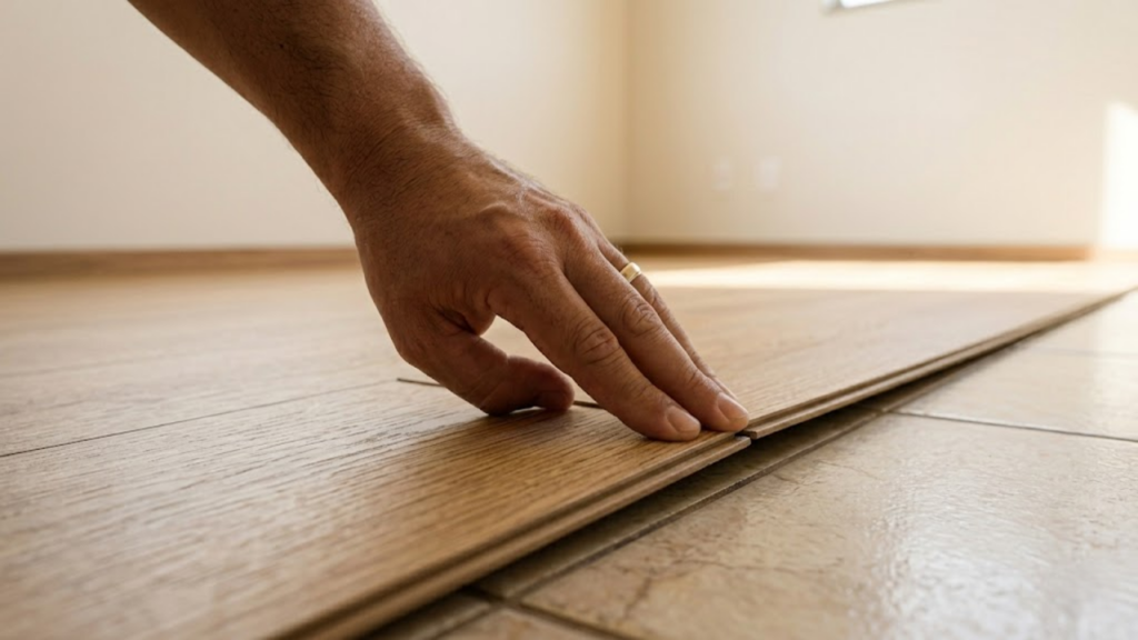 Mão de instalador encaixando o sistema clique do piso SPC puro
