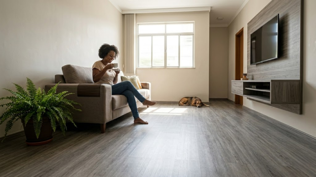 Mulher sorrindo em sala de estar com piso SPC durável e elegante