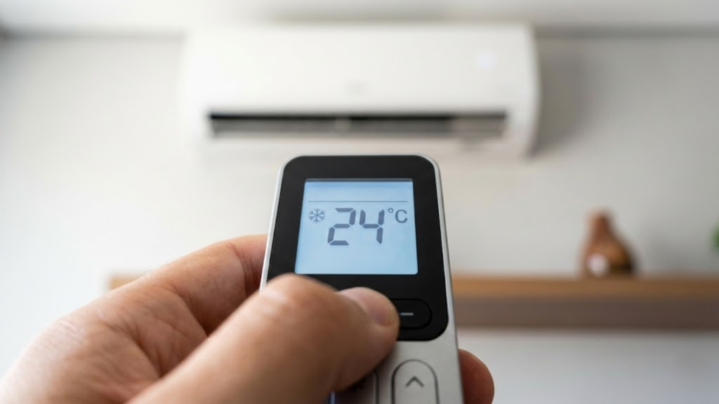 Close no controle remoto marcando 24°C com ar-condicionado ao fundo