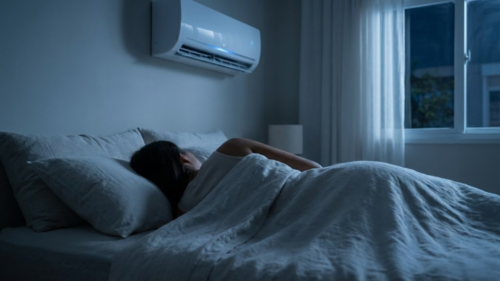 Quarto tranquilo à noite com pessoa dormindo e ar-condicionado ligado.