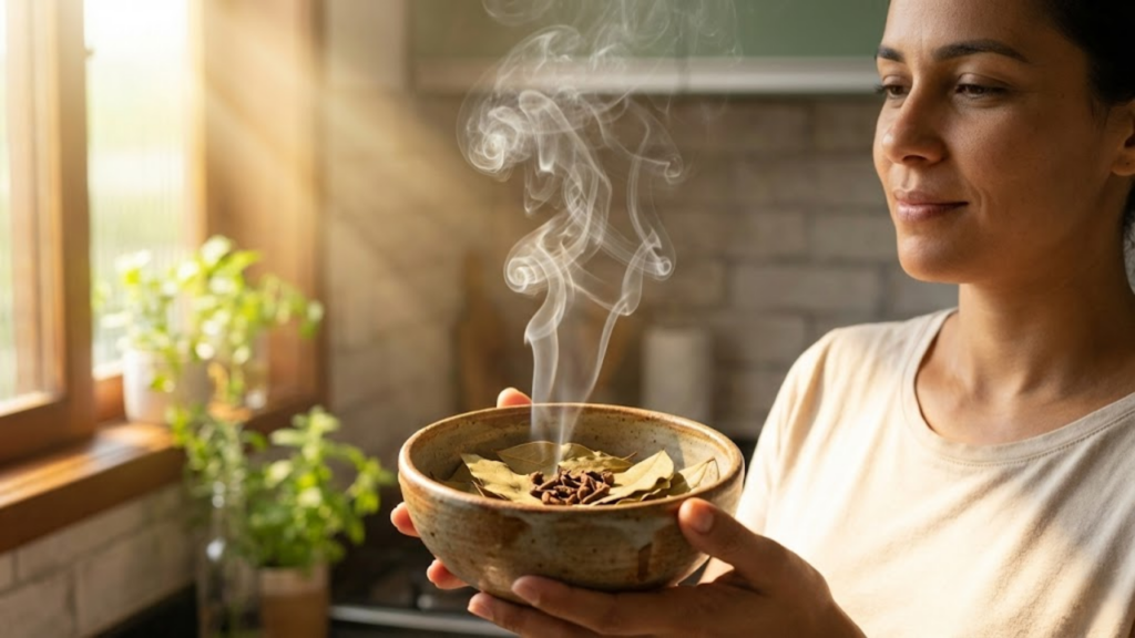 Mulher sorri ao segurar tigela com louro e cravo defumando a cozinha ensolarada