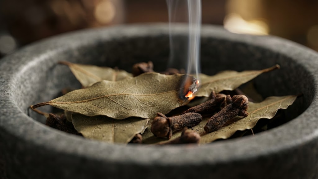 Macro de folhas de louro e cravos queimando lentamente com fumaça delicada