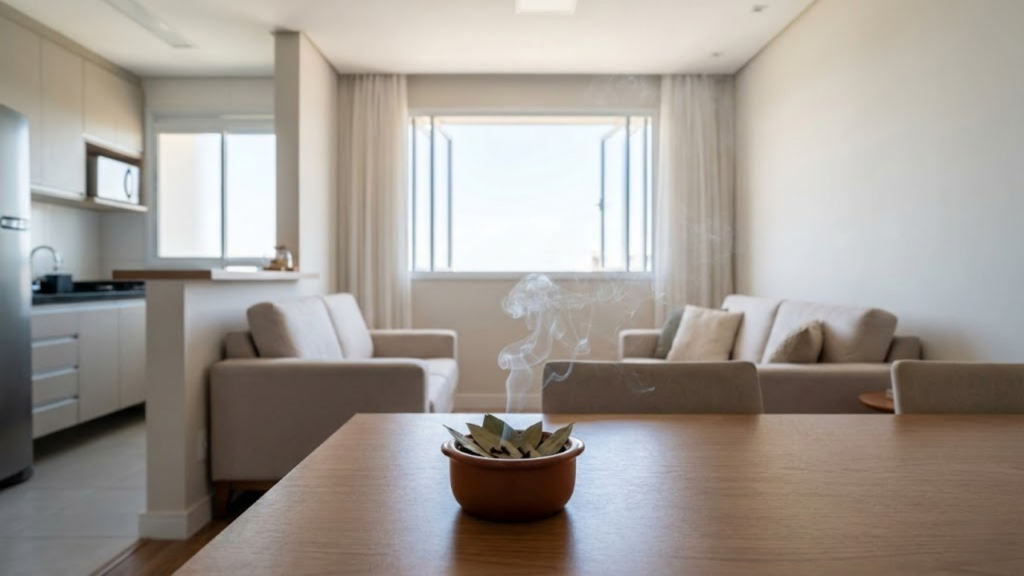 Cena ampla da sala purificada com a fumaça do louro indo em direção à janela