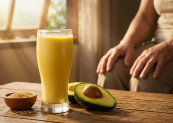 Um copo suado de vitamina amarela numa mesa rústica banhada pelo sol.