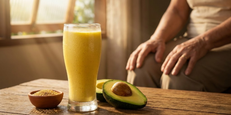 Um copo suado de vitamina amarela numa mesa rústica banhada pelo sol.