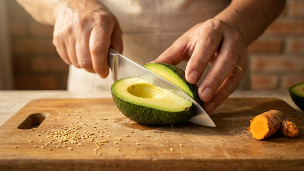 Visão em primeira pessoa cortando um abacate maduro numa tábua de madeira.