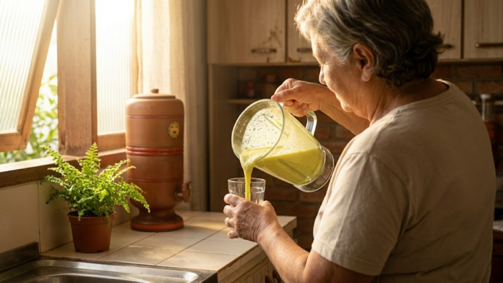 Senhora servindo vitamina verde do liquidificador em uma cozinha simples.