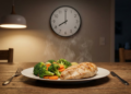 Prato saudável iluminado numa mesa rústica com relógio marcando 20h.