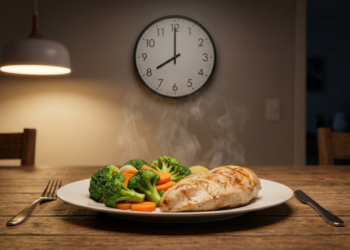 Prato saudável iluminado numa mesa rústica com relógio marcando 20h.