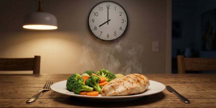 Prato saudável iluminado numa mesa rústica com relógio marcando 20h.