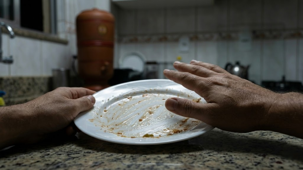 Visão em primeira pessoa afastando um prato de comida à noite.