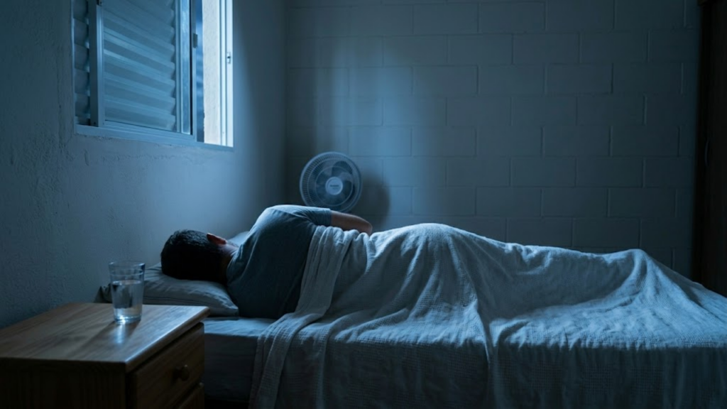 Pessoa dormindo tranquilamente em um quarto simples banhado pela lua.