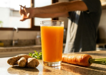 Vitamina laranja vibrante ao lado de gengibre e cenoura sob sol matinal.