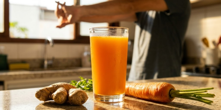 Vitamina laranja vibrante ao lado de gengibre e cenoura sob sol matinal.