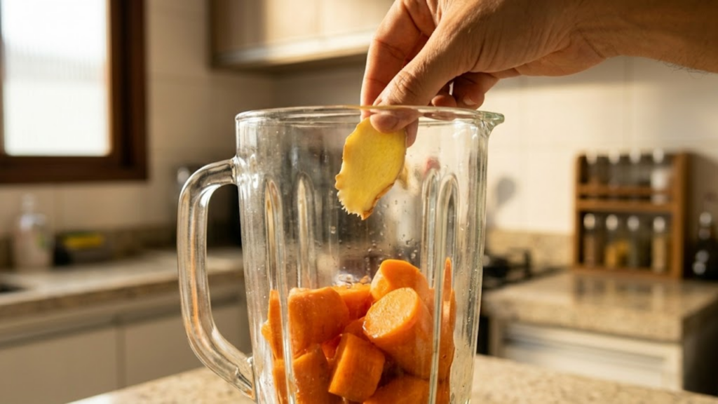 Mão colocando uma fatia de gengibre fresco dentro do liquidificador.