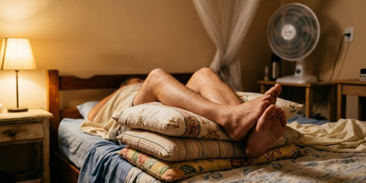 Pernas elevadas em travesseiros numa cama sob luz quente.