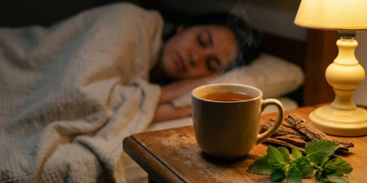 Xícara de chá fumegante com cascas de mulungu e melissa num quarto tranquilo.
