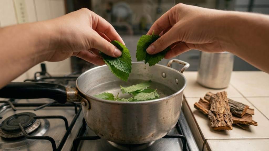 Visão em primeira pessoa colocando folhas de melissa em uma panela fumegante.