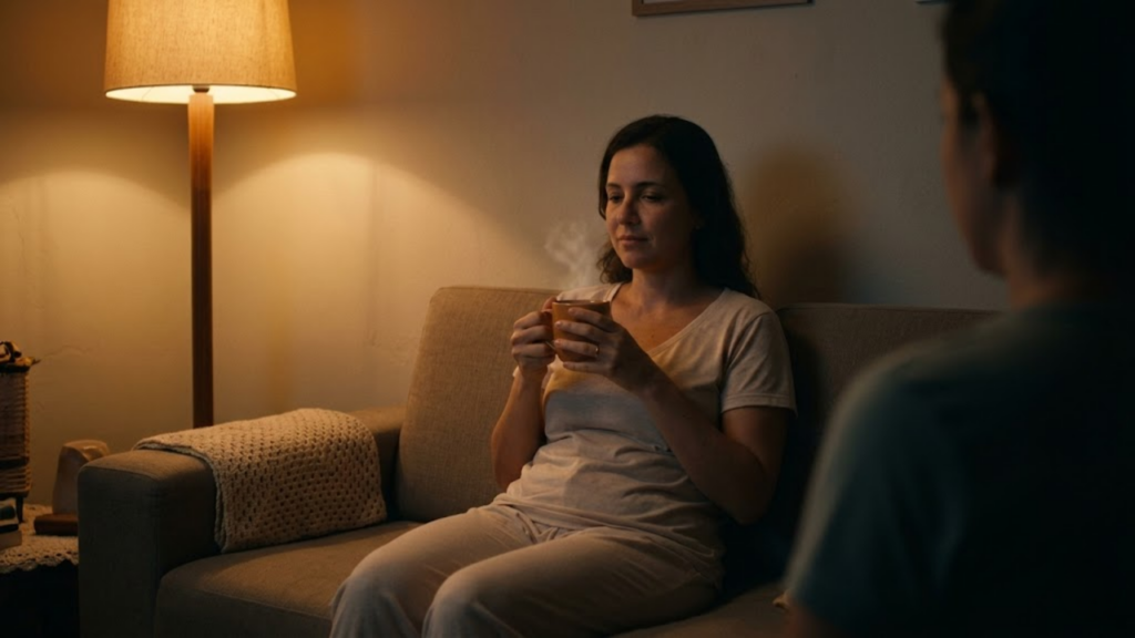Mulher relaxando no sofá com uma xícara de chá quente nas mãos à noite.