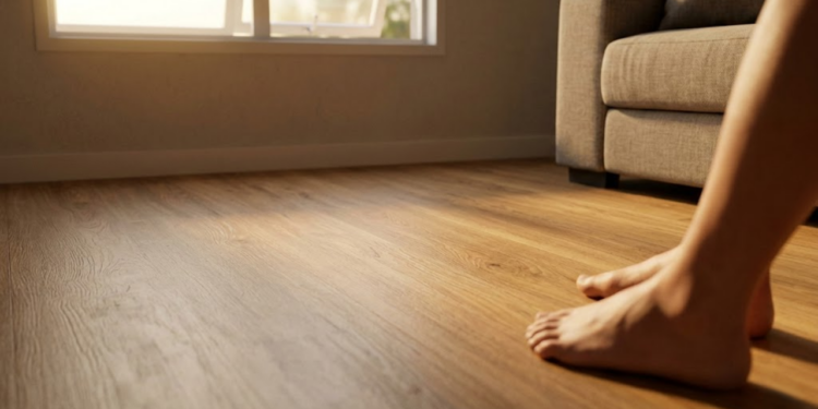 Pés descalços descansando sobre um piso vinílico amadeirado banhado pelo sol.