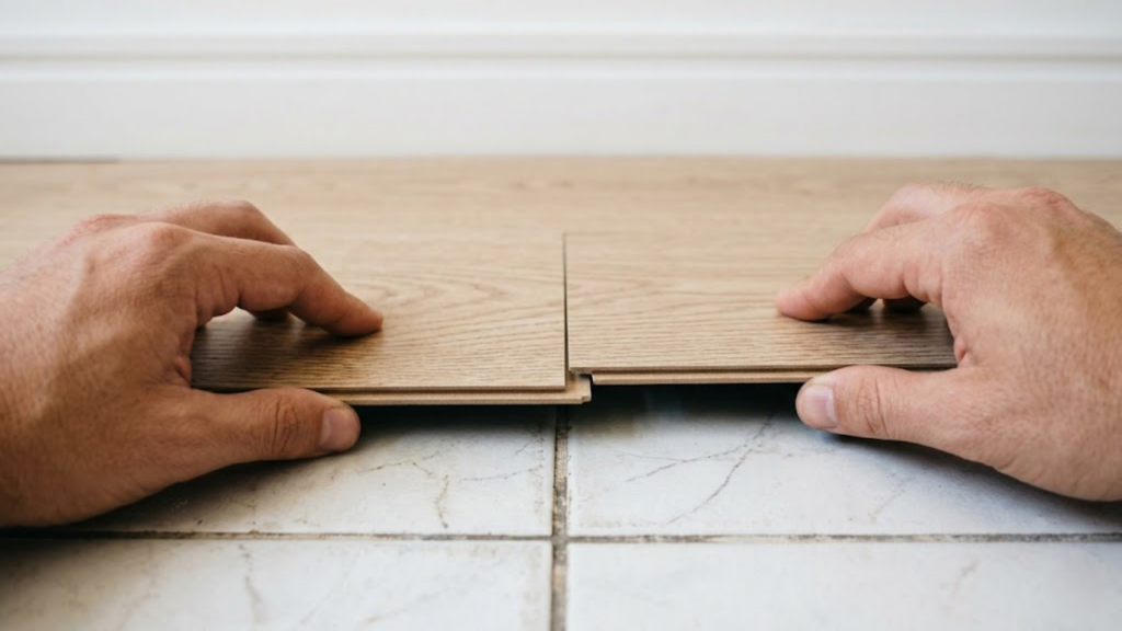 Visão em primeira pessoa encaixando peças de piso laminado sobre cerâmica antiga.