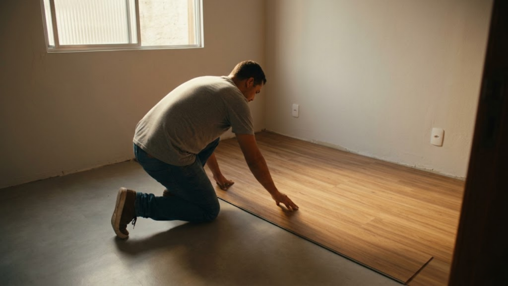 Trabalhador instalando piso vinílico em um quarto limpo e totalmente sem entulho.