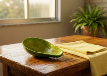 Casca de abacate ao lado de um pano sobre uma mesa de madeira muito brilhante.