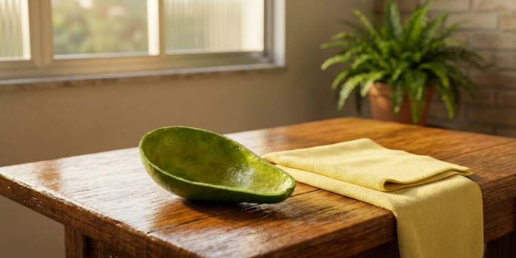 Casca de abacate ao lado de um pano sobre uma mesa de madeira muito brilhante.