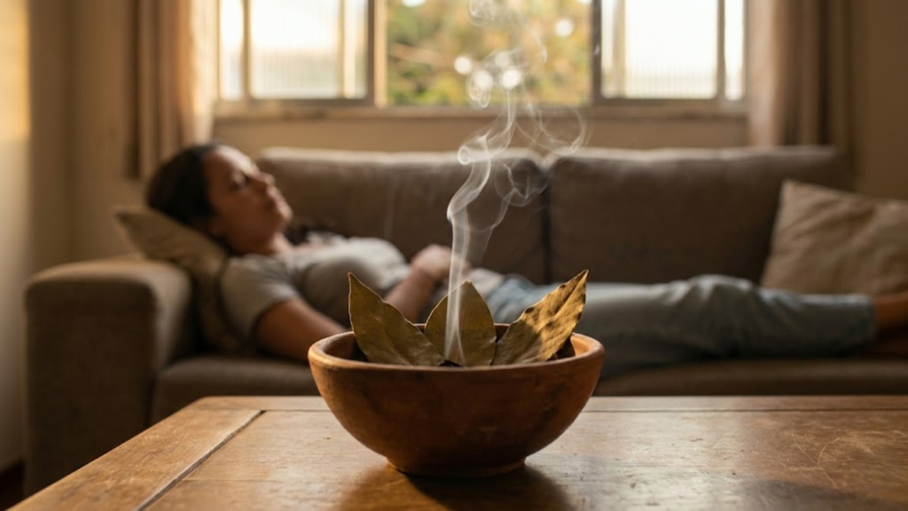 Folhas de louro soltando fumaça em uma tigela de barro numa sala iluminada pelo sol.