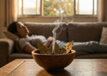 Folhas de louro soltando fumaça em uma tigela de barro numa sala iluminada pelo sol.